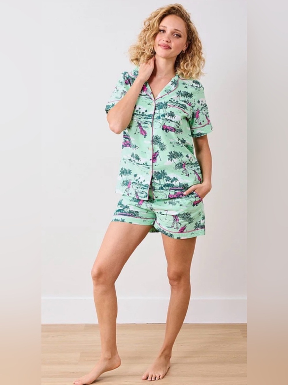 Printfresh Golf Toile Organic Cotton Short Sleeve Notch Collar Woven Set Small